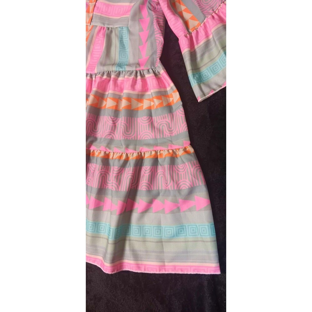 Boho Linen Blend Tiered Bell Sleeve Tunic Dress Small Aztec Geometric Lagenlook - Picture 7 of 11
